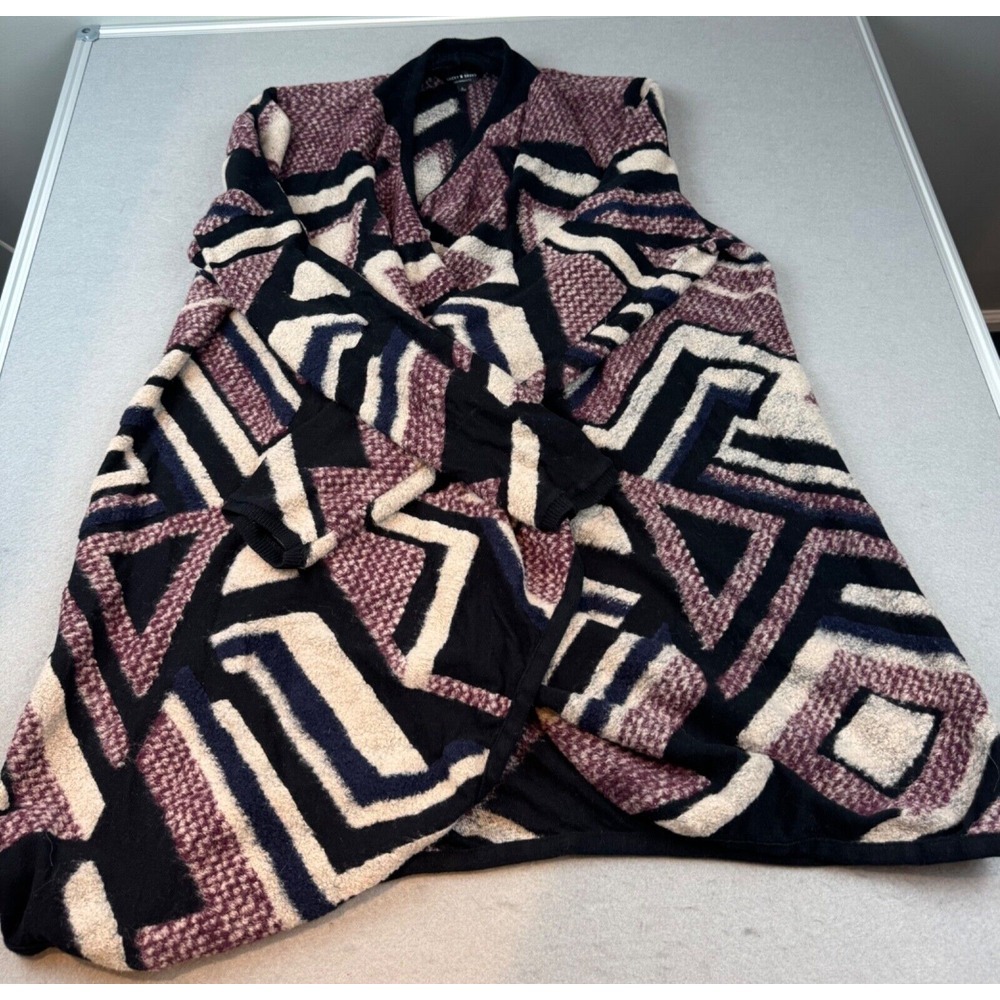 Lucky Brand Cardigan Women's Large Black Purple Aztec Tribal Open Front Sweater
